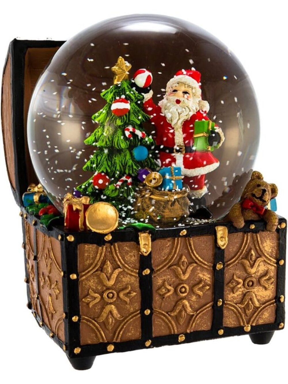 Musical Santa Water Globe in Treasure Chest | 100mm Wind-Up Holiday Decor